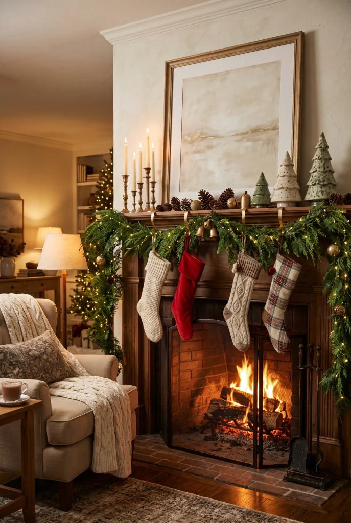 Layered Christmas mantel with greenery, candles, ceramic trees, stockings, and ornaments