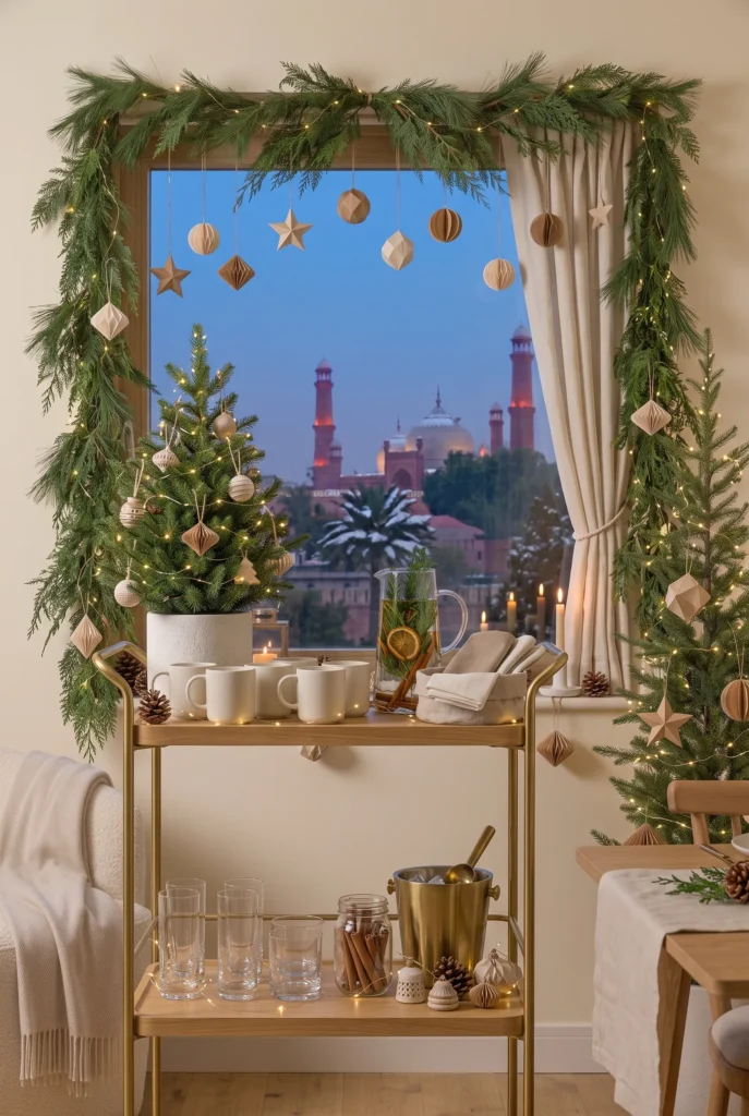Elegant Christmas beverage station decorated with greenery, pinecones, and warm lights