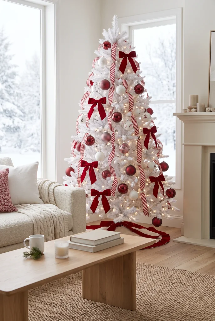 White Christmas tree decorated with deep red ornaments and candy cane ribbon