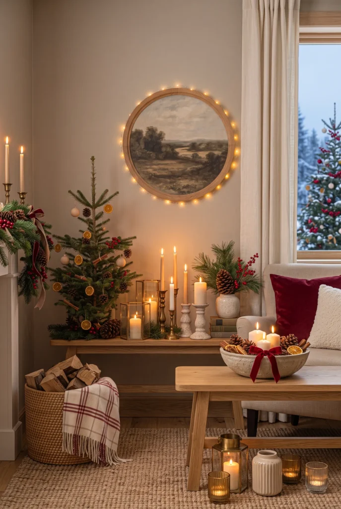 Christmas living room with glowing candles, lanterns, evergreen branches, and warm lighting