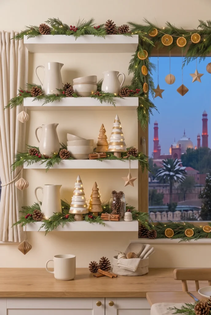 Open kitchen shelves styled with evergreen branches, Christmas trees, and neutral ceramics