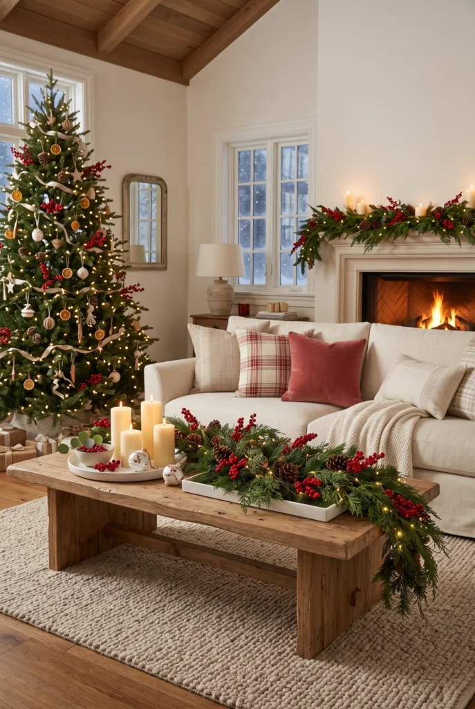 Neutral Christmas living room featuring subtle red berry accents among evergreen branches.