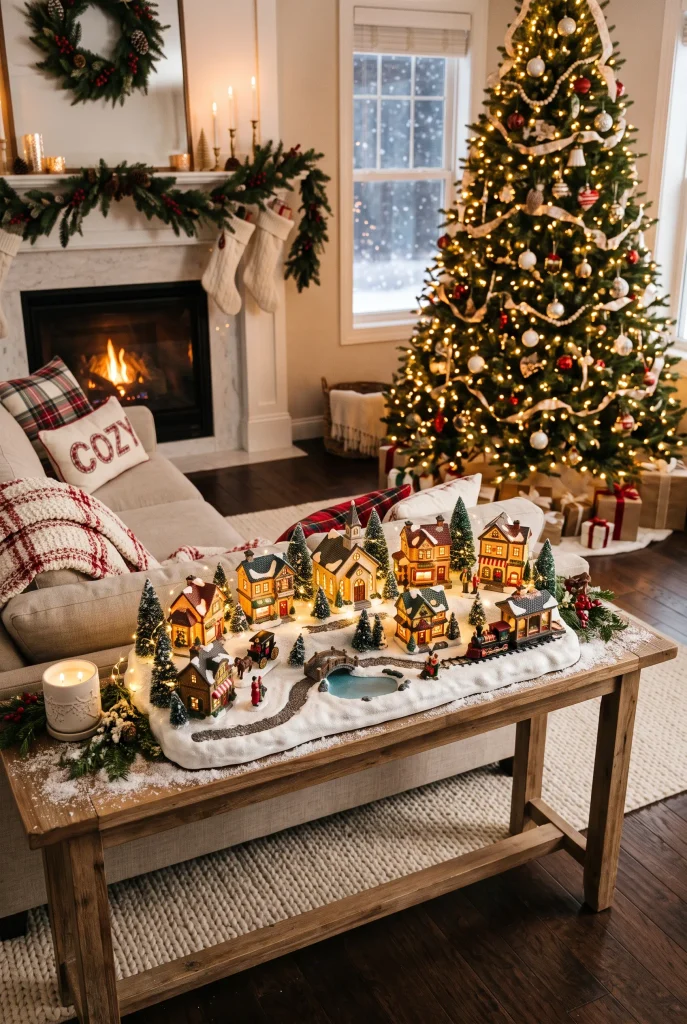 Miniature Christmas village display arranged on a wooden console table