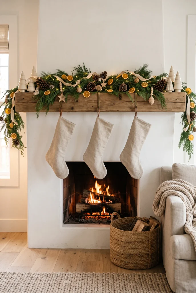 Modern farmhouse Christmas mantel with linen stockings, cedar garland, pinecones, and wooden ornaments