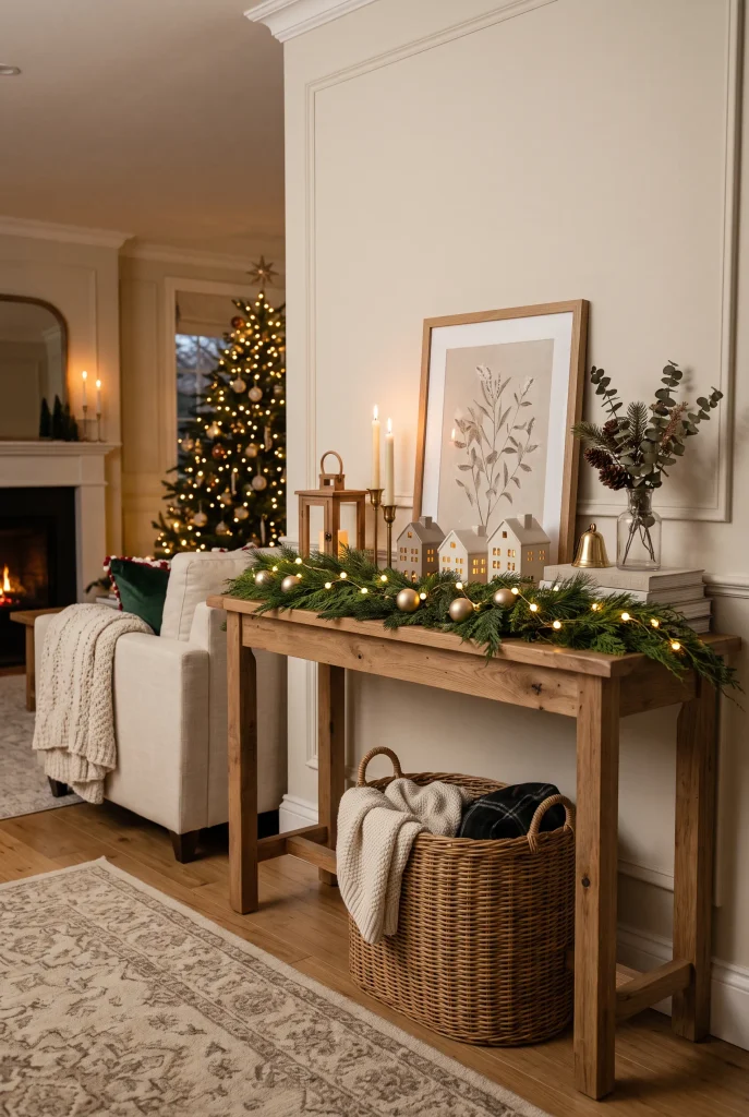 Christmas console table decorated with evergreen garland, candles, and ceramic ornaments