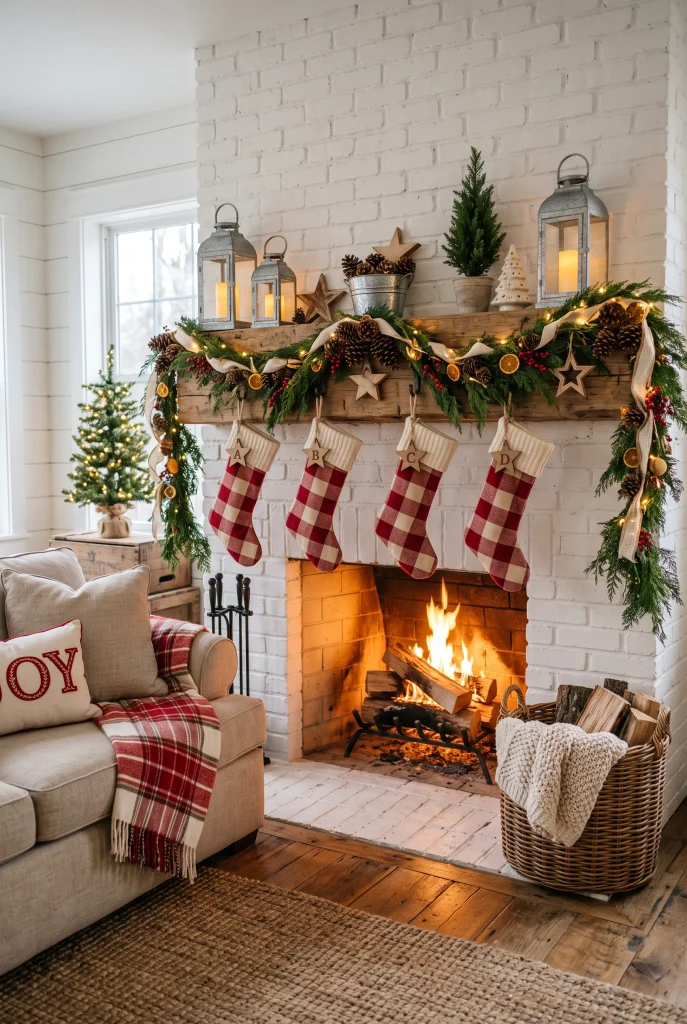Farmhouse Christmas fireplace with galvanized lanterns, plaid stockings, and greenery