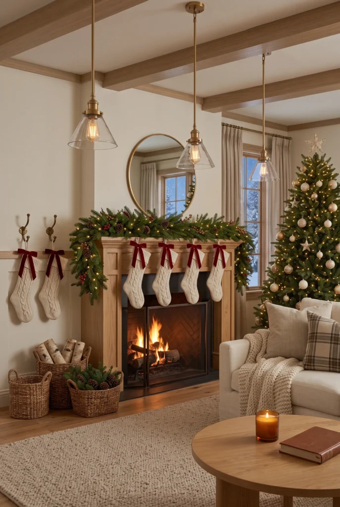 Small bathroom decorated with evergreen wreath and subtle Christmas accents
