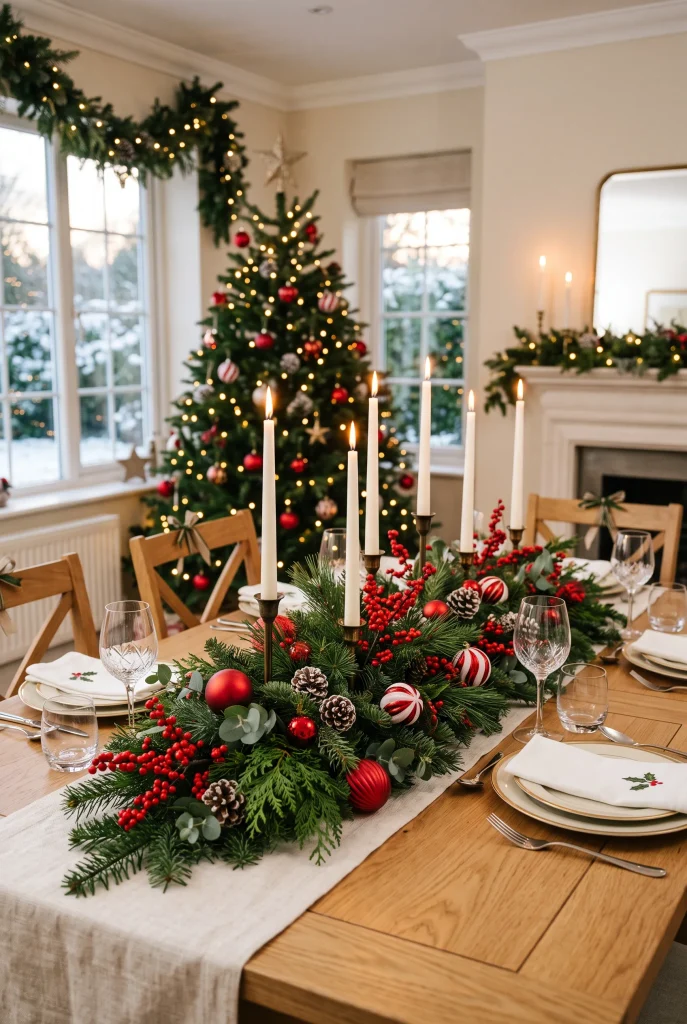 Evergreen and red berry Christmas centerpiece with white candles on a dining table