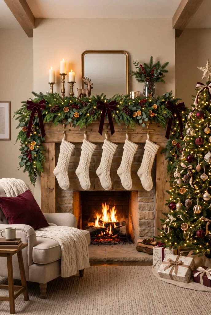 Christmas fireplace mantel decorated with stockings and evergreen garland