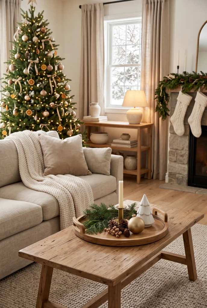 Cozy Christmas living room with flameless candles and warm ambient lighting