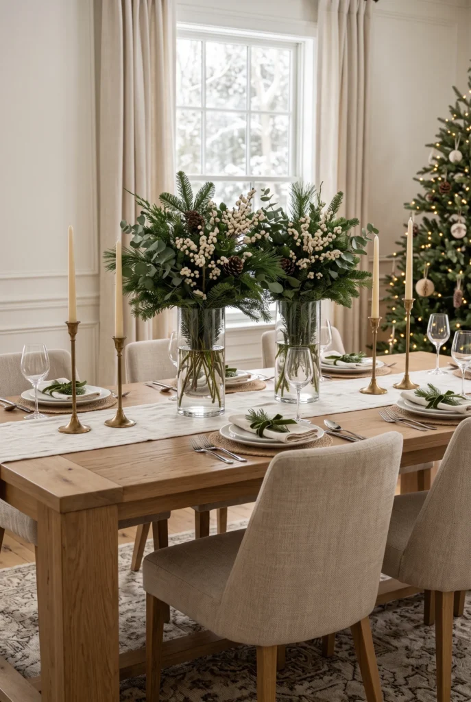 Christmas dining table with clear glass vases filled with evergreen branches