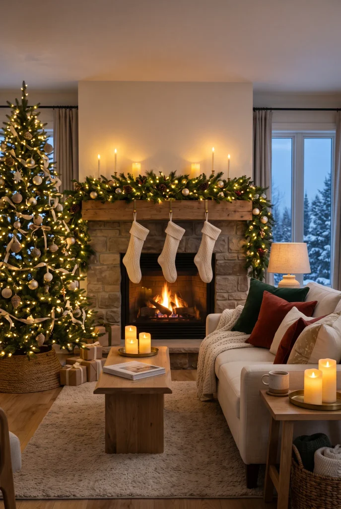 Vintage-inspired Christmas living room with traditional ornaments and evergreen decor