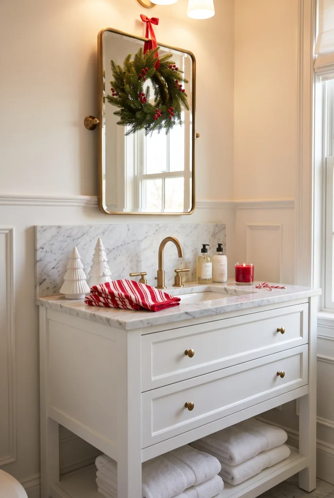 White Christmas bathroom decorated with red and white towels and evergreen accents