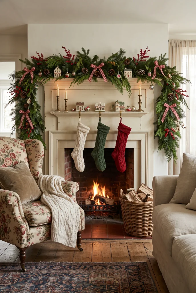Cottage Christmas mantel with evergreen garland, gingham ribbon, berry branches, stockings, and vintage decor