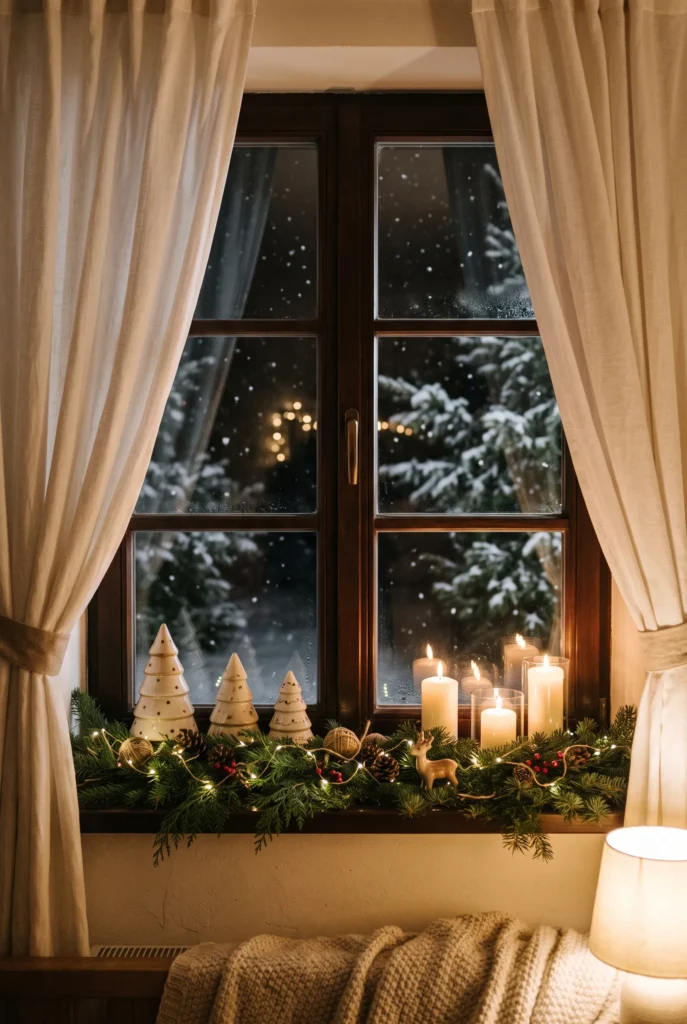 Cozy Christmas window display with greenery, candles, and warm lights