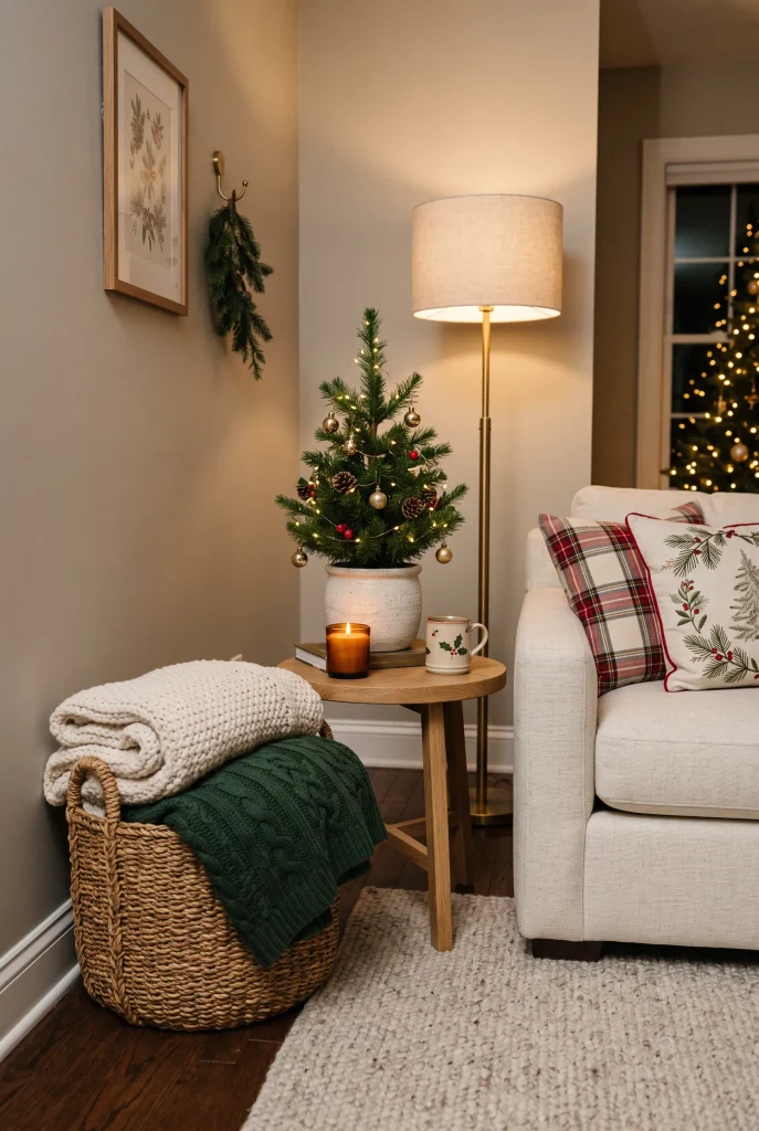 Cozy Christmas living room corner with woven blanket basket and knitted throws