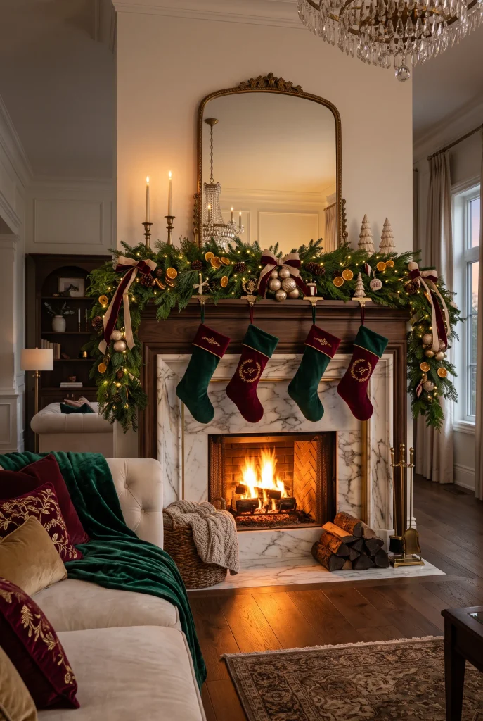 Luxury Christmas fireplace with velvet stockings, evergreen garland, and brass accents