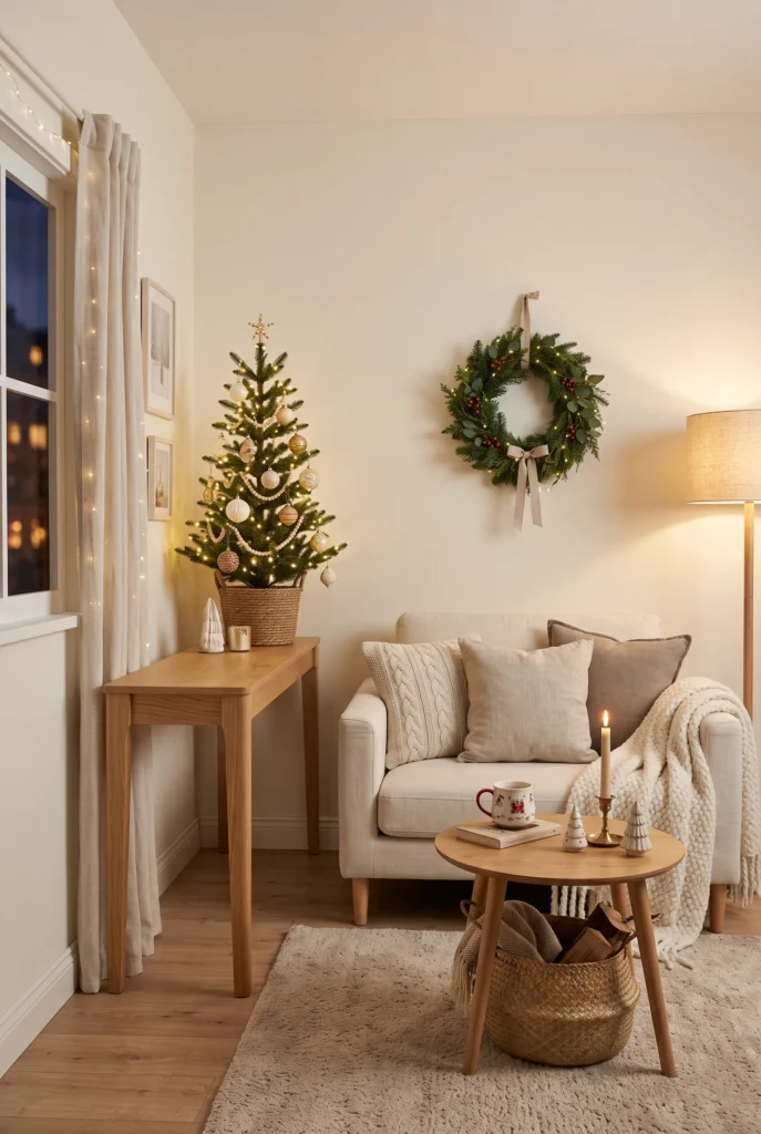 Small apartment living room with compact Christmas tree, wreath, lights, and neutral decor