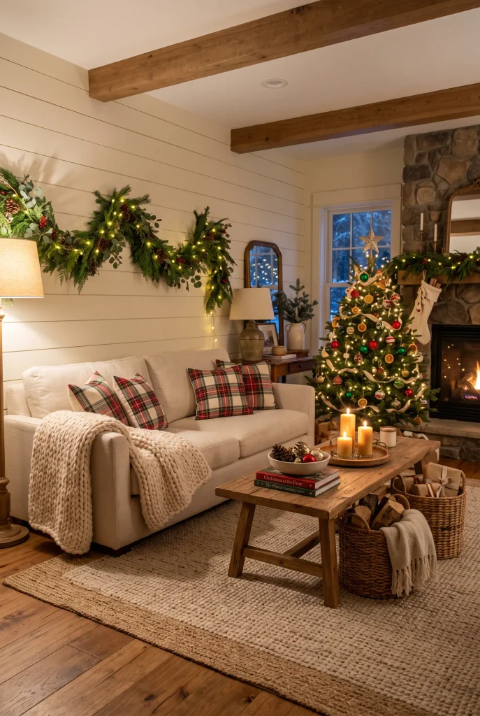 Cozy farmhouse Christmas living room with plaid pillows and neutral textured fabrics