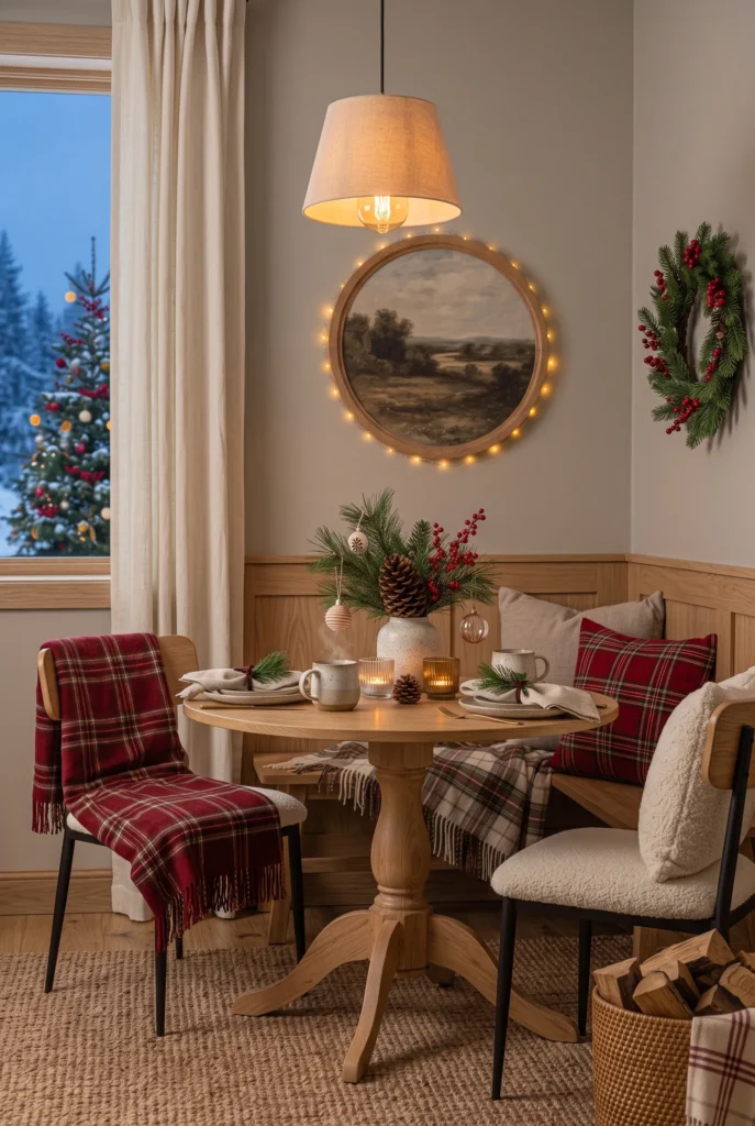 Christmas breakfast nook with evergreen centerpiece, red cushion, wreath, and wood table