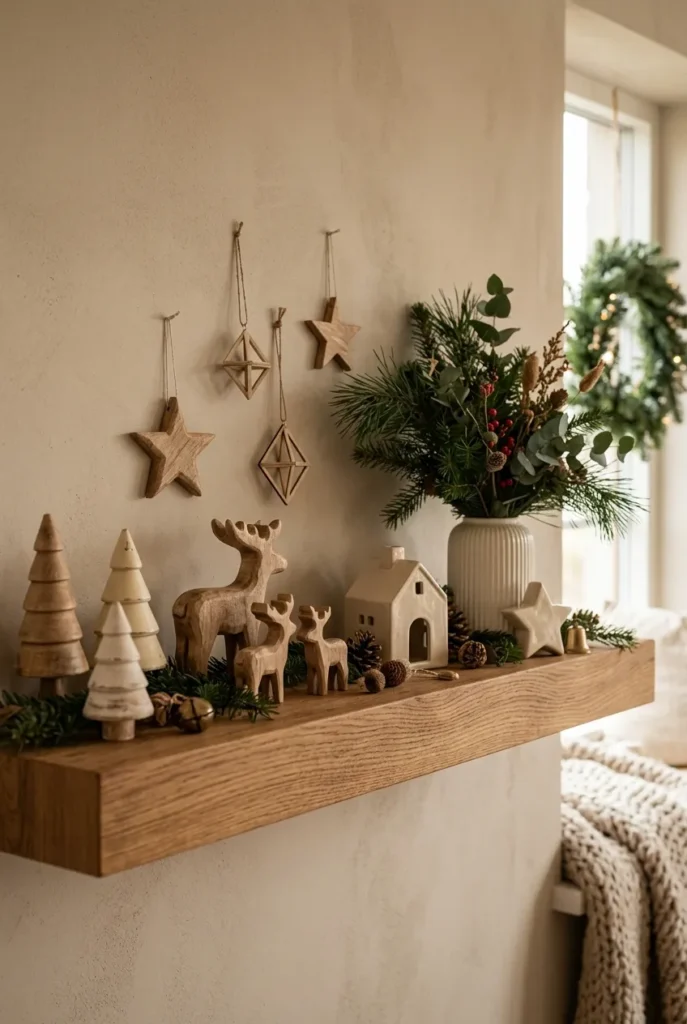 Scandinavian Christmas shelf decorated with wooden trees, stars, greenery, and ceramic pieces.