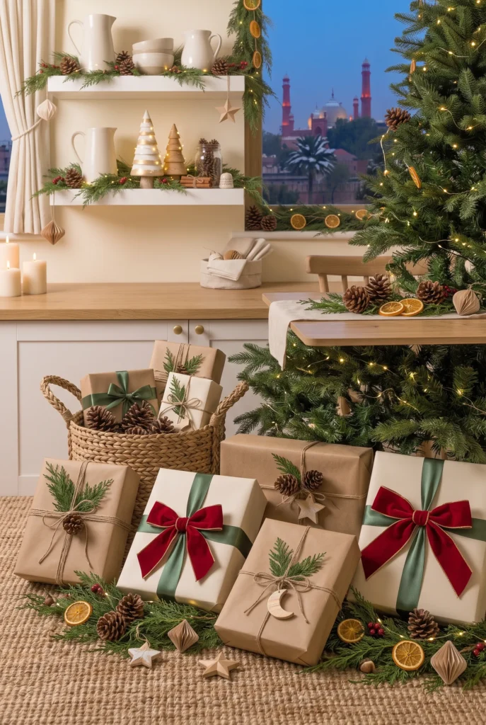 Christmas gifts wrapped in coordinated kraft, cream, green, and red materials beneath a tree