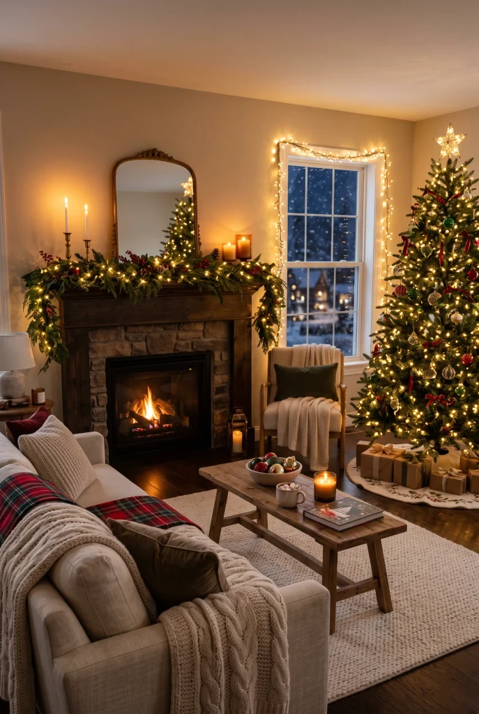 Christmas living room decorated with warm white string lights around windows and mantel