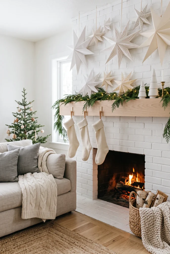 Scandinavian Christmas fireplace decorated with paper stars, greenery, and warm lights