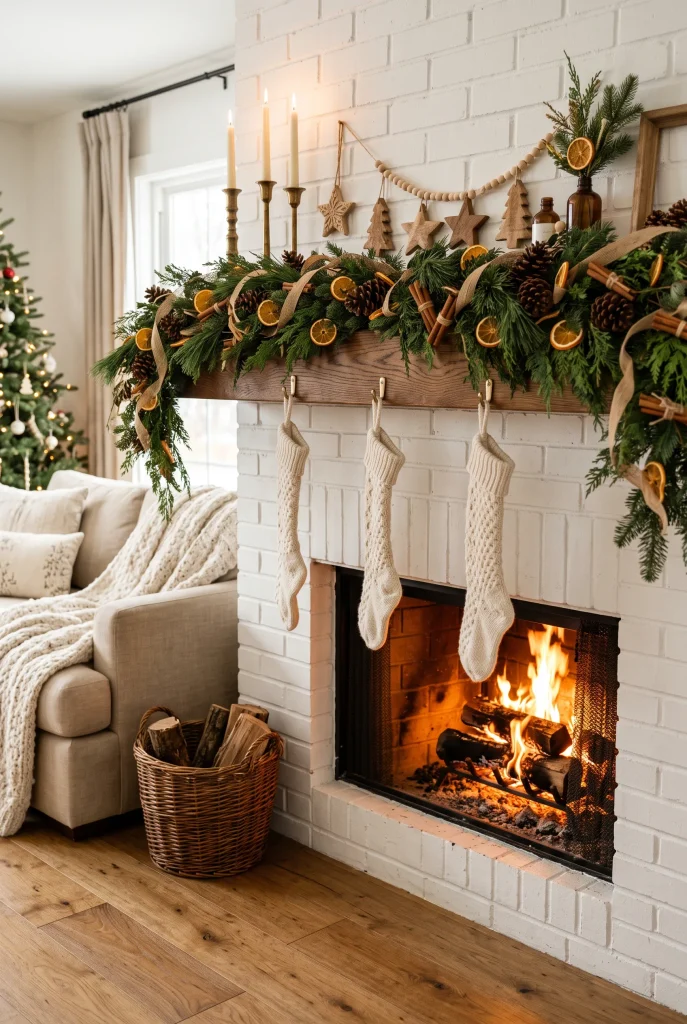 Rustic Christmas mantel with dried orange slices, evergreen garland, pinecones, cinnamon sticks, and cream stockings