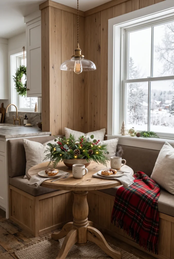 Cozy Christmas breakfast nook with wooden table, plaid throw, greenery, and warm lighting.