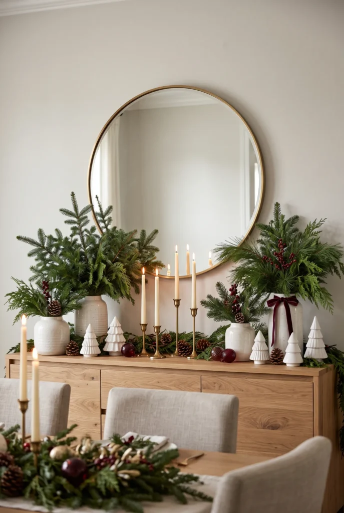 Elegant Christmas sideboard decorated with evergreen branches, candles, and ceramic trees
