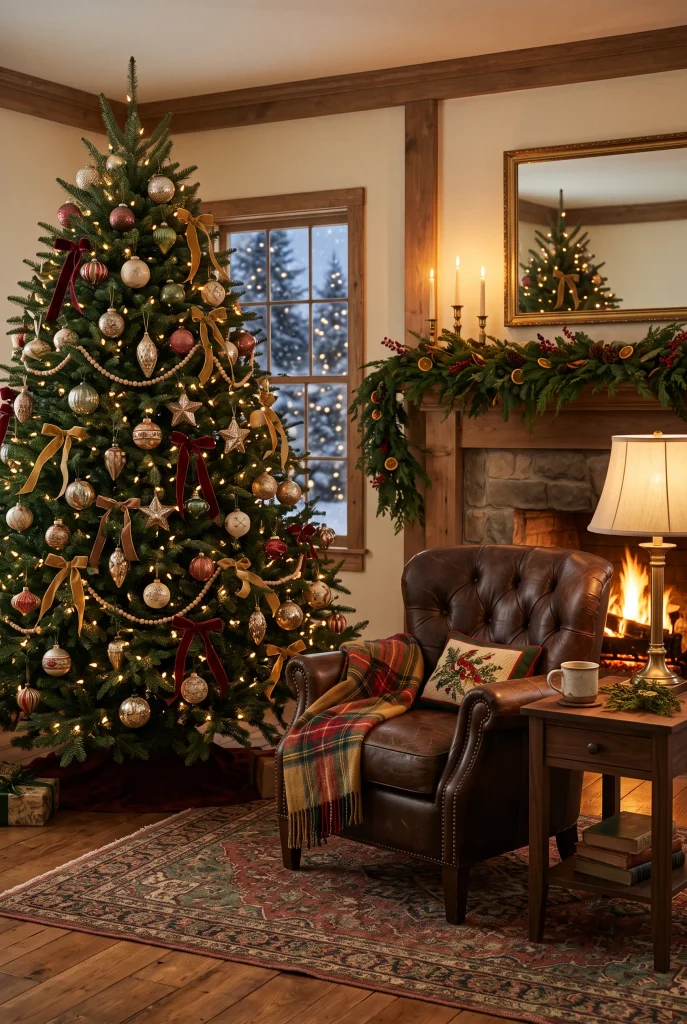Cozy Christmas movie night living room with decorated tree and soft blankets