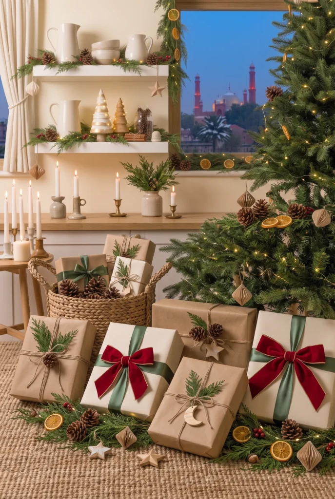 Cozy Christmas home interior featuring subtle greenery, warm lights, candles, and seasonal accents