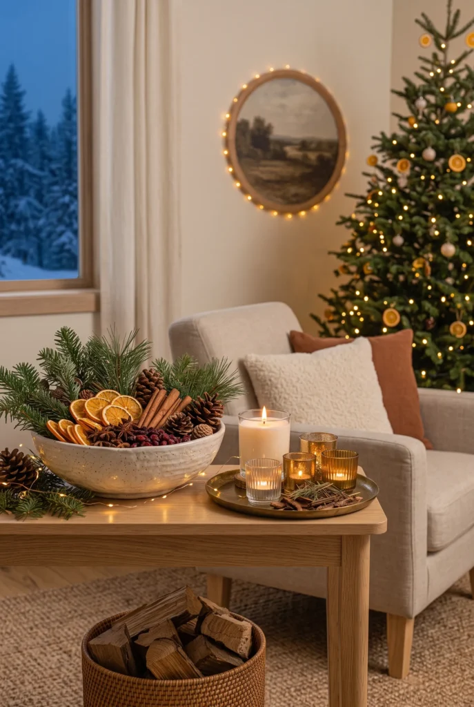 Christmas scent station with dried oranges, cinnamon sticks, pinecones, greenery, and candle