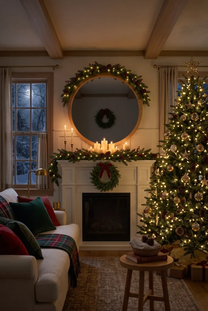 Cozy nighttime Christmas interior with illuminated tree and warm holiday decor