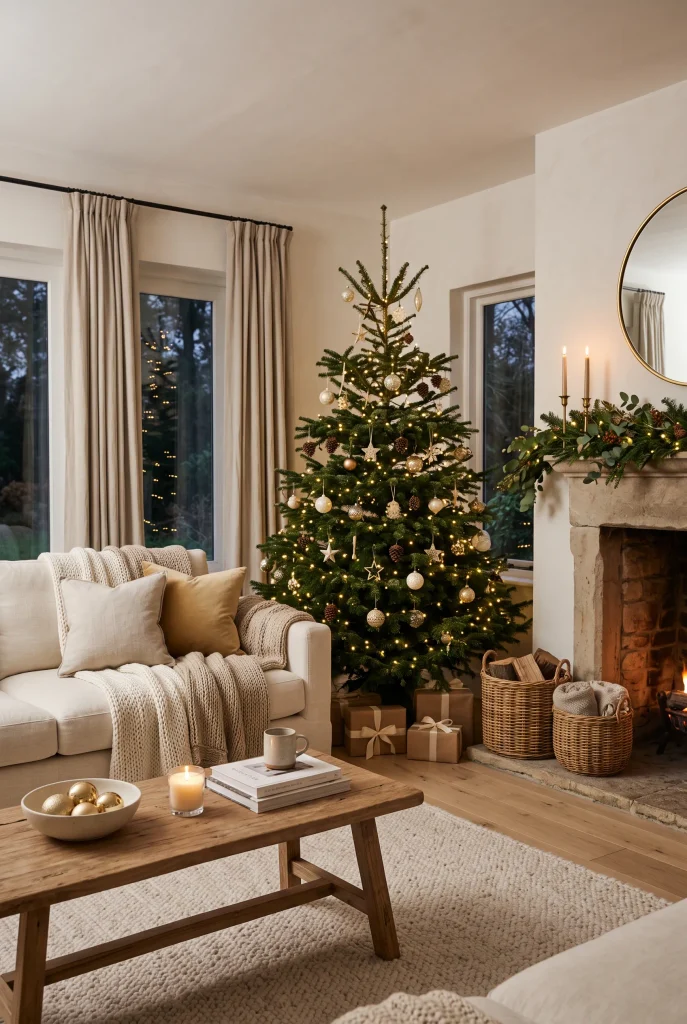 Minimalist Christmas living room with simple layered seasonal decorations and warm lights