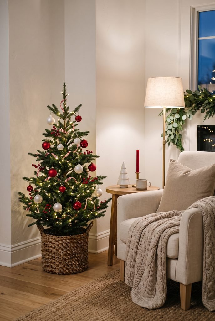 Cozy Christmas corner with small tree, red and white ornaments, and cream armchair