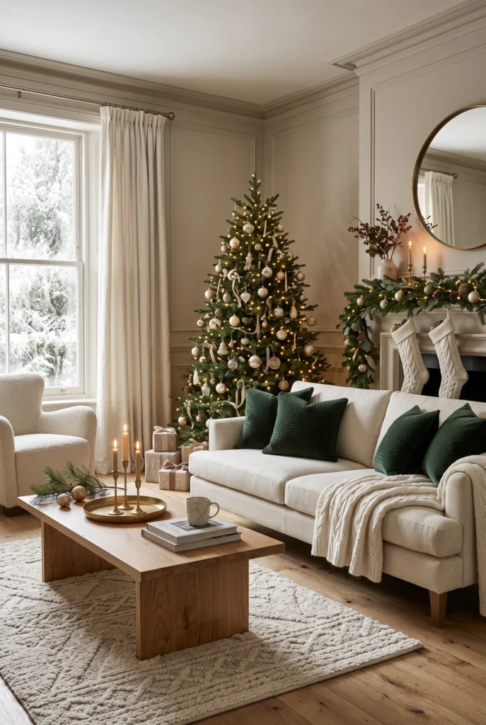 Neutral Christmas living room with subtle champagne gold ornaments and brass accents