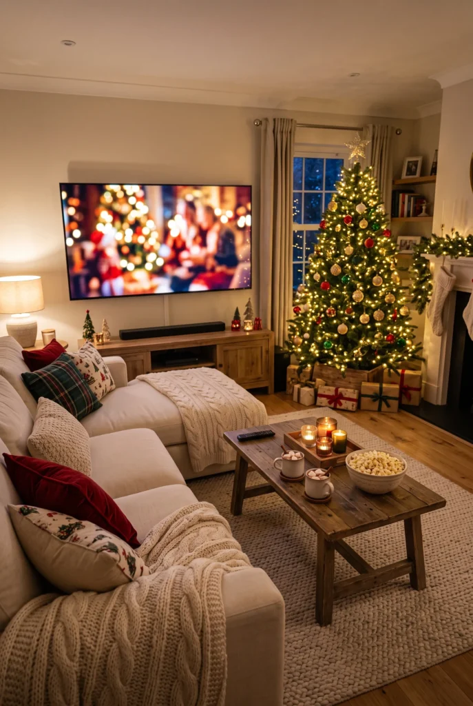 Cozy Christmas movie night setup with blankets, Christmas tree, and hot cocoa