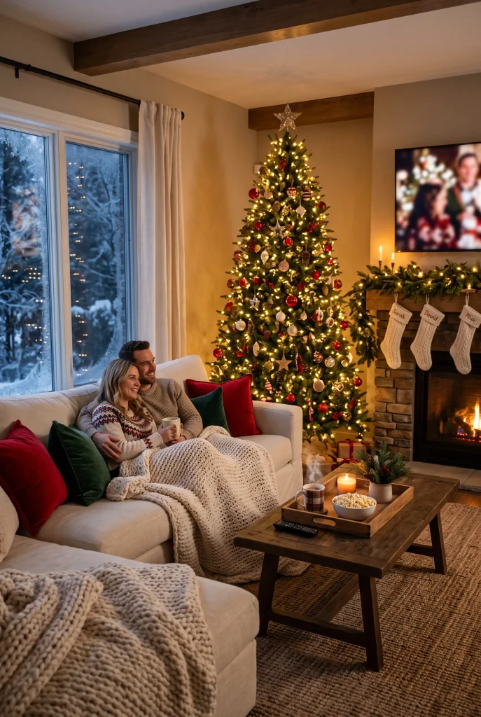 Christmas living room combining classic decorations with modern furniture