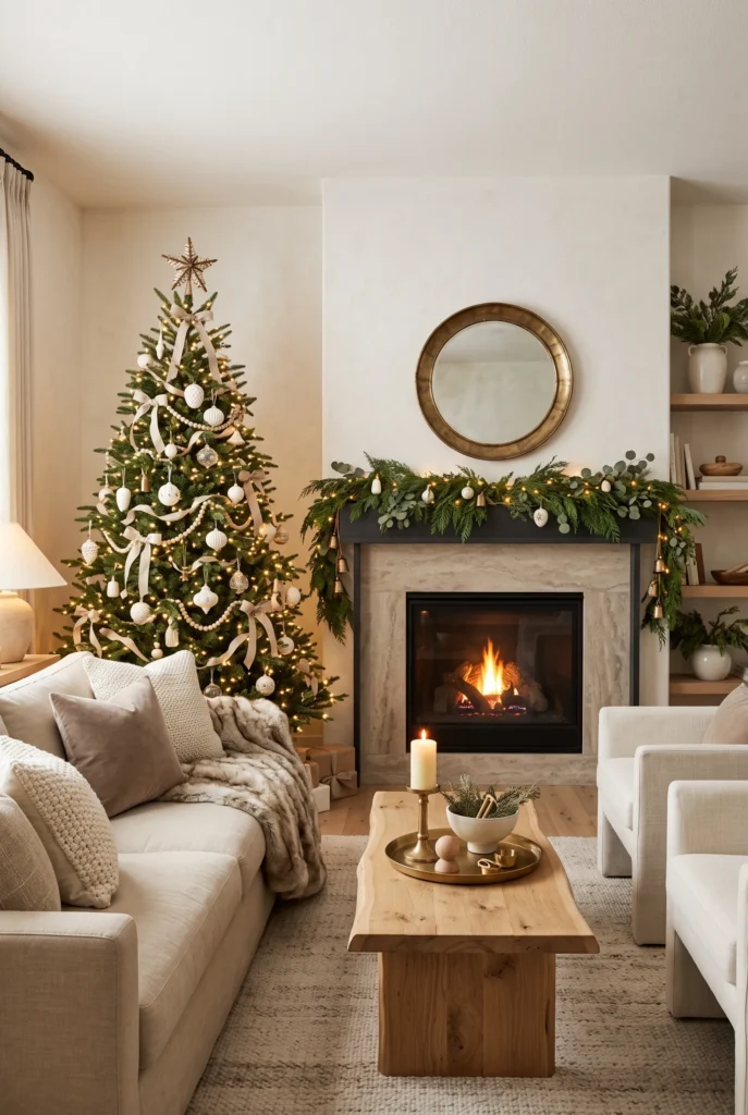 Neutral Christmas living room decorated with cream, beige, green, natural wood, and warm lights.