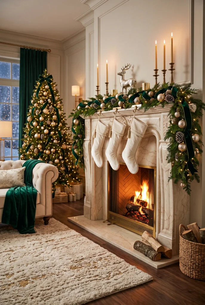 Luxury Christmas mantel with velvet ribbon, evergreen garland, brass candleholders, gold ornaments, and ivory stockings