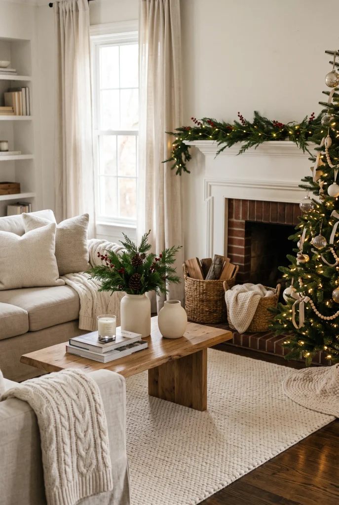 Cozy living room blending everyday home decor with Christmas greenery, lights, and seasonal accents