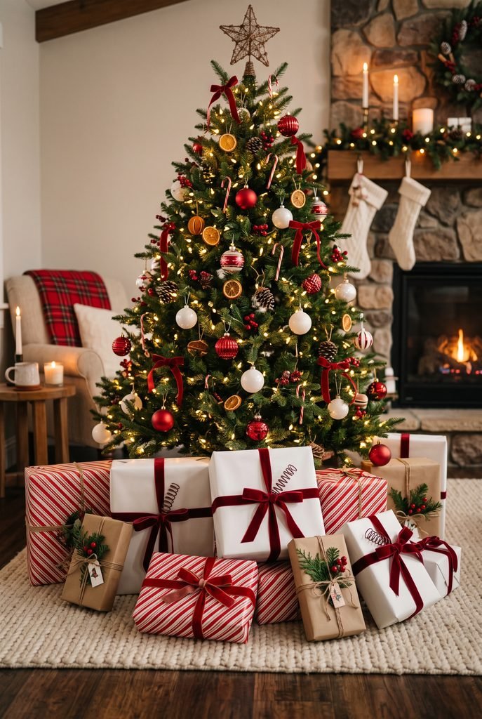 Red and white wrapped Christmas gifts arranged beneath a decorated tree