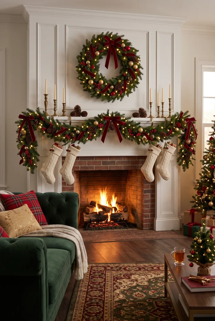 Traditional Christmas fireplace with a large evergreen wreath and matching garland