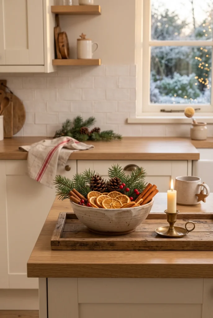 Christmas kitchen scent display with dried orange slices, cinnamon sticks, pine branches, and candle.