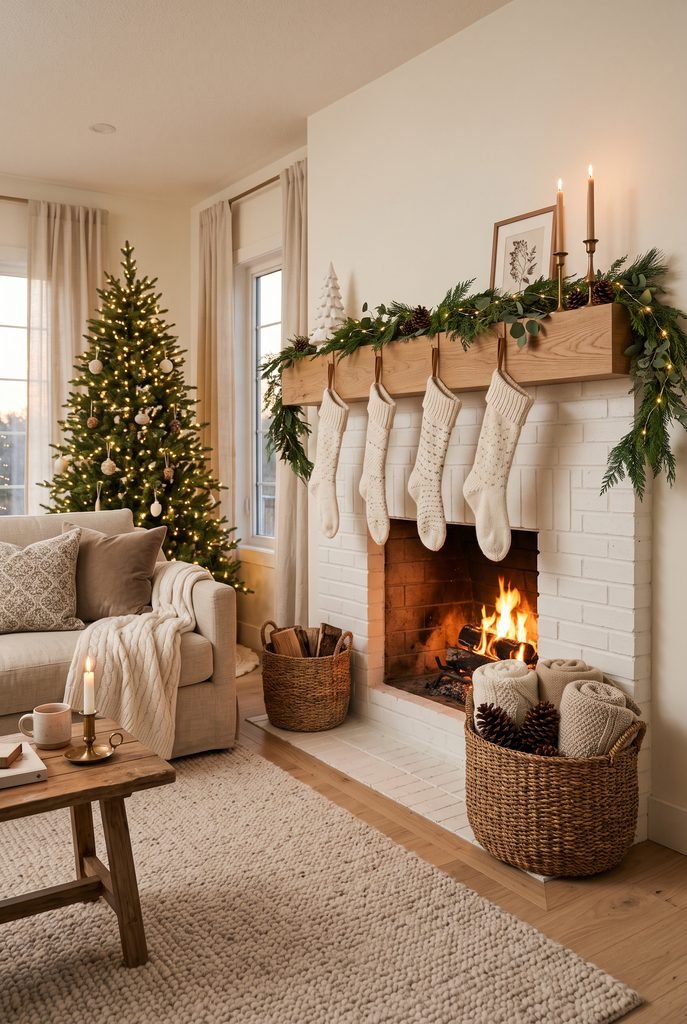 Cozy Christmas fireplace with woven baskets, blankets, greenery, and neutral stockings