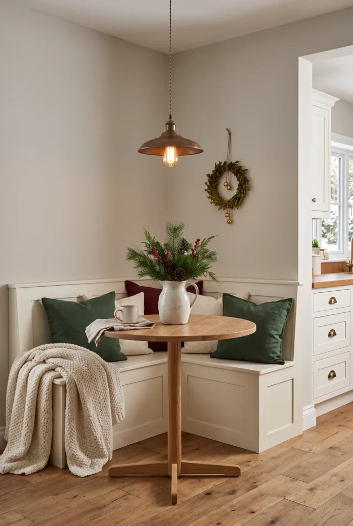 Cozy Christmas breakfast nook with evergreen centerpiece, seasonal cushions, and wreath