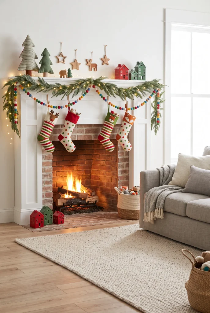 Whimsical family Christmas mantel with colorful felt stockings, evergreen garland, wooden ornaments, and warm lights