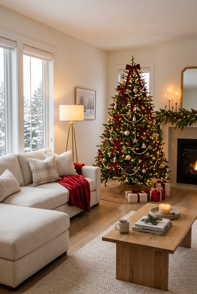 Elegant Christmas living room featuring a decorated tree, sofa, fireplace, and seasonal greenery